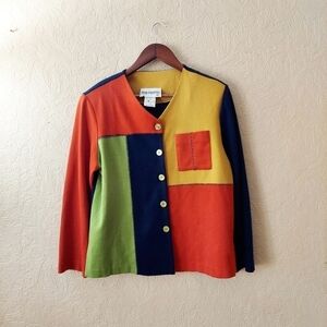 Vintage 80s 90s Patchwork Colorblock Button Front Sweater Cardigan Sz Small